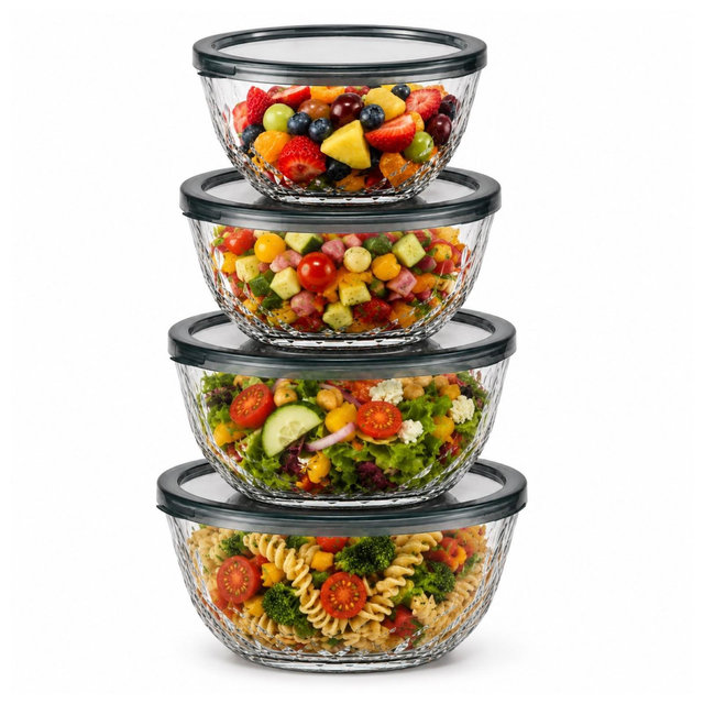 Sorbus 4-Piece Glass Diamond Textured Bowl Set with Airtight Plastic Lids - Microwave, Dishwasher & Freezer Safe