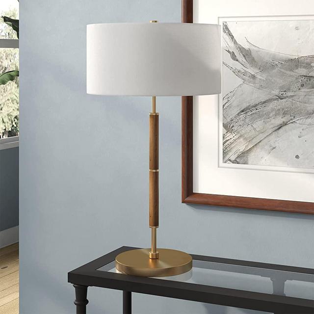 Simone 25" Tall 2-Light Table Lamp with Fabric Shade in Rustic Oak/Brass/White