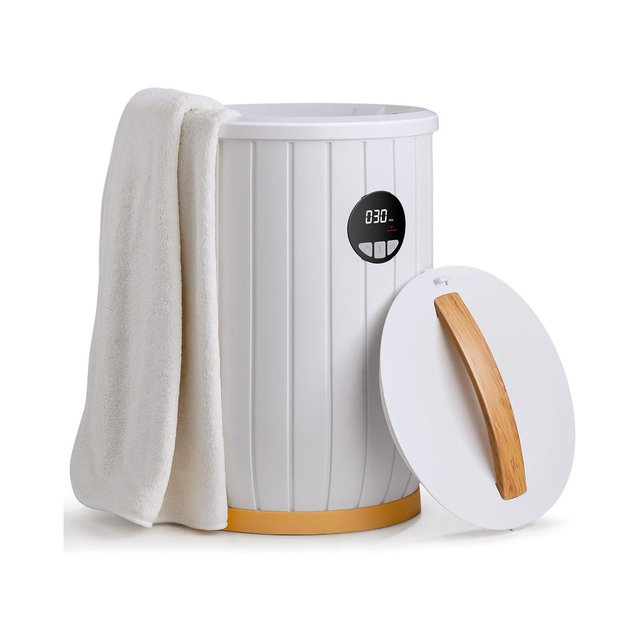 Large 20L Towel Warmer Bucket,Fast Heating within 1 Min, Fits 2 Bath Towels & Robes, Auto Off Timer & 3 Temp Settings,White with Wood Accent Style