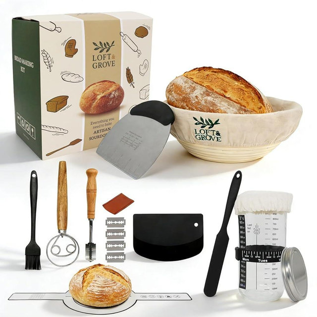 Loft & Grove Sourdough Starter Kit – Complete Bread Baking Kit with 9” Banneton Proofing Basket, 34oz Starter Jar with Feeding Tracker, Dough Whisk, Bread Lame – Beginner Sourdough Baking Supplies