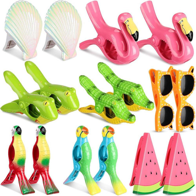 Rtteri 16 Pcs Beach Towel Clips Cute Towel Clips for Chairs Beach Towel Holder Clothes Pegs Clothes Pins for Patio Beach Pool, Assorted Style (Cute)