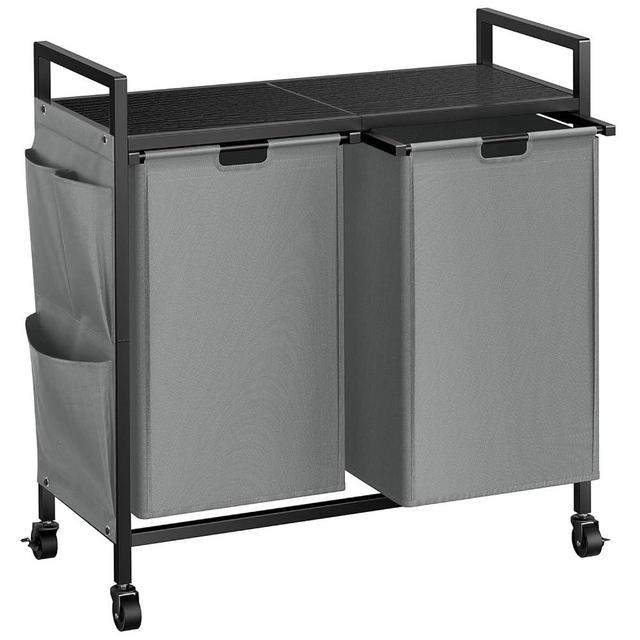 WOWLIVE Double Laundry Hamper with Lid,Rolling Laundry Basket Organizer with Wheels, Iron-Made Laundry Sorter with Top Shelf and 2 Removable Bags,Large Laundry Storage for Room,Gray