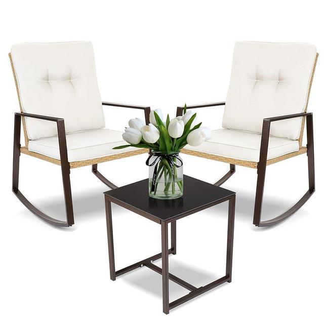 YIYAN 3 Pieces Patio Bistro Set Outdoor Rattan Wicker Rocking Chairs Set,Patio Outdoor Furniture Conversation Sets with Sofa Chairs,Glass Coffee Table and Washable Cushion (Light Beige)