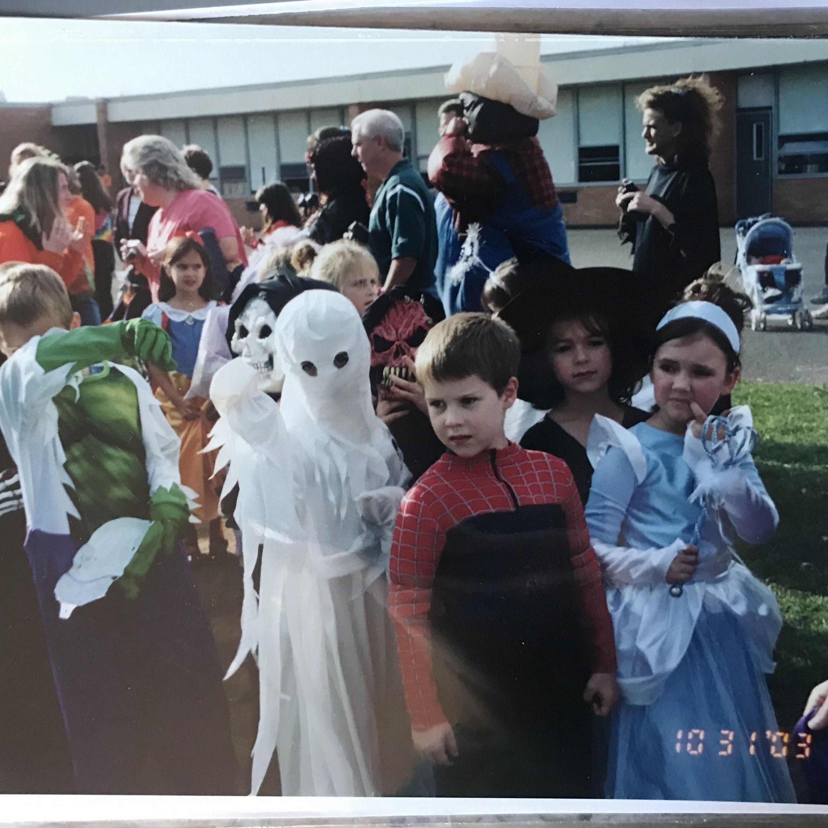Halloween Parade in 1st grade, October 2003 (Collin is Spiderman and Melissa is the witch)