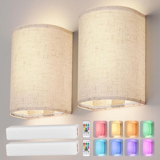 OCATO Battery Operated Wall Sconce: Wireless Wall Sconces Set of Two Magnetic Wall Lamp Rechargeable Wall Lights 16 RGB Colors Fabric Linen Shade with Remote Wall Decor for Bedroom Living Room Hallway