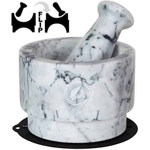 Mortar and Pestle Set Marble - 5.6 Inch, 2.2 Cup - Unique Double Sided - Pestle and Mortar Bowl Solid Stone Grinder - Guacamole Mortar and Pestle Large - INCLUDED: Silicone Lid/Mat and Spoon