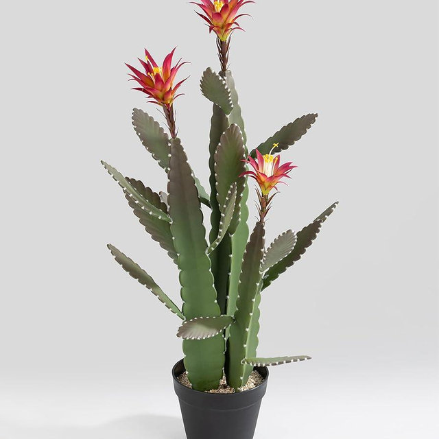 33 Inch Large Artificial Cactus with Magenta Flowers in Pot with Natural Gravel. Satin Finish Leaves with Real Look and Feel. Outdoor and Indoor Faux Plants.