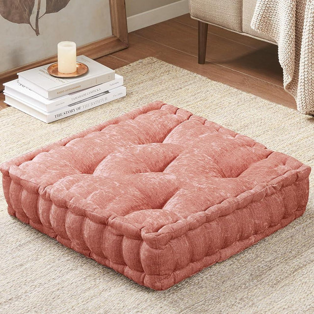 Intelligent Design Azza Floor Pillow, Large Seat Cushions for Adults, Floor Pillow for Meditation or Yoga, Lustrous Chenille Tufted, Scalloped Edges for Bench/Chair Cushion, 20"x20"x5", Dusty Peach