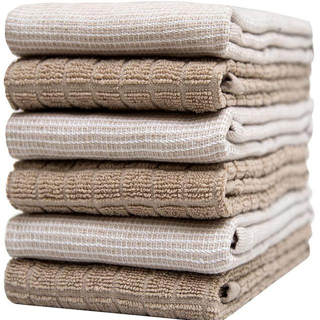 Premium Kitchen Towels (16”x 28”, 6 Pack) – Large Cotton Kitchen Hand Towels – Highly Absorbent Tea Towels Set with Hanging Loop (Tan, Yarn Dyed Dobby)