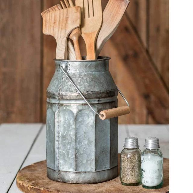 Vintage Galvanized Metal-Decorative Milk Pail w/ Wood Handle