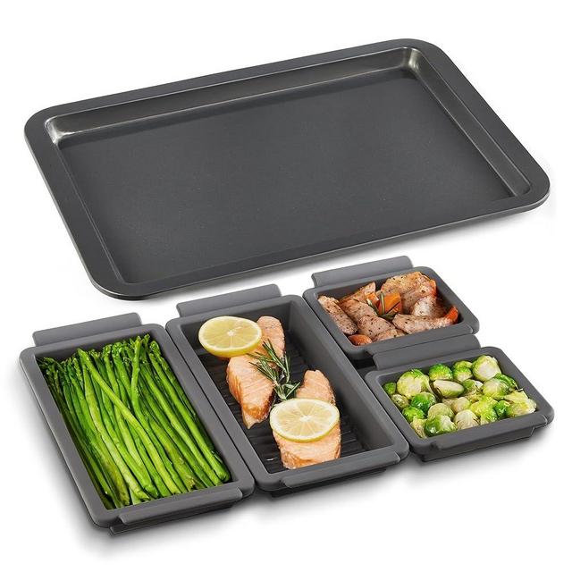 Hongbake Baking Sheet Pan Dividers with A Half Sheet Pan, Reusable Silicone Dividers for Meal Prep, Nonstick Bakeware Sets for Oven & Air Fryer, Dishwasher Safe, Reinforced Rims, 4 Cheat, 1 Pan
