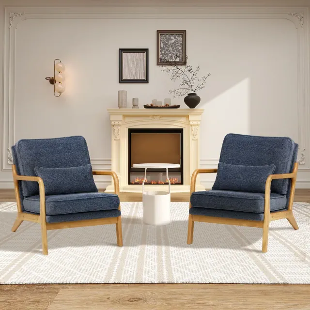 Ora Maison Set of 2 Blue Modern Accent Chairs with Lumbar Pillows and Solid Wood Legs, Stylish Upholstered Armchairs for Living Room or Office
