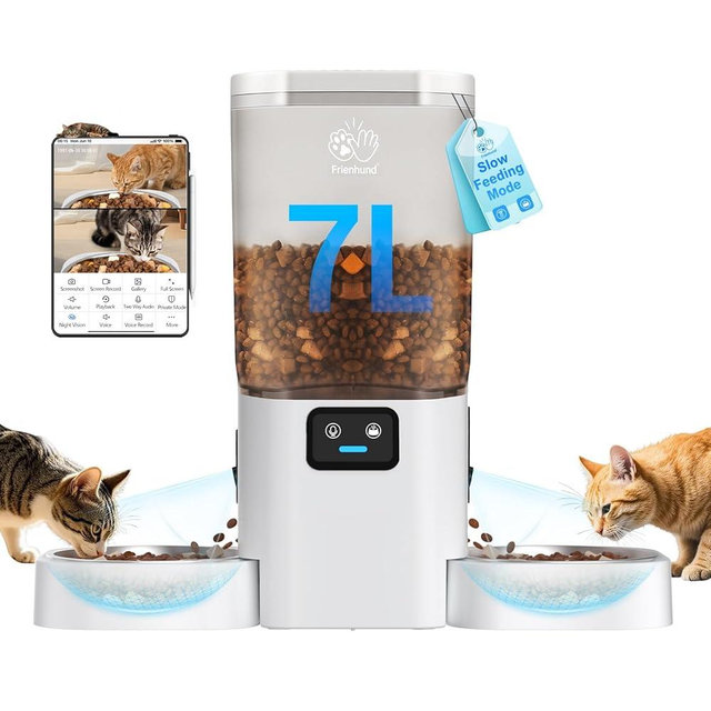 Frienhund Automatic Cat Feeder with Two HD Camera for 2 Cats: 5G WiFi Automatic Dog Feeder with Night Vision & Slow Feed, 7L Auto Cat Food Dispenser for Multiple Pet, Detachable for Cleaning - 29 Cup
