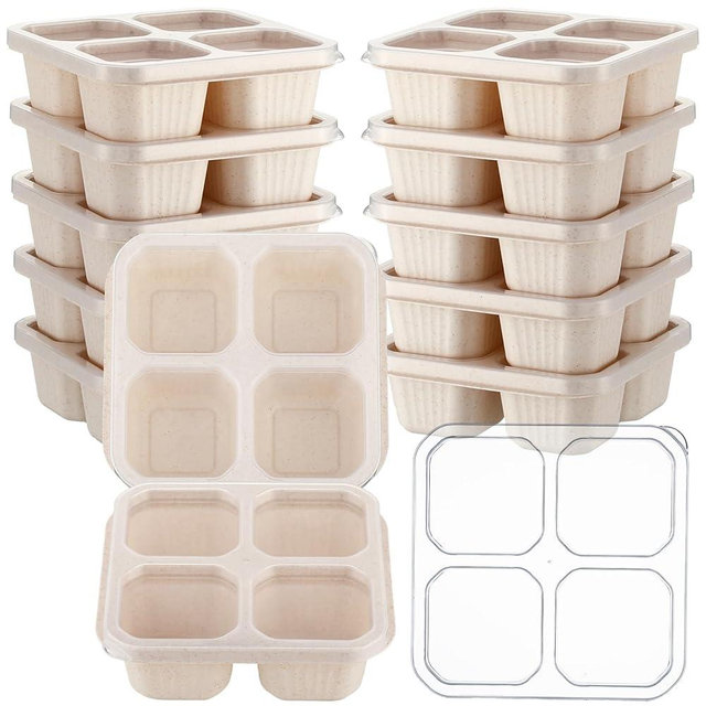 Ziliny 12 Pcs 4 Divided Compartments Snack Containers Bento Wheat Straw Snack Box with Lid Reusable Meal Prep Lunch Box Food Storage Containers for Adults Travel Work