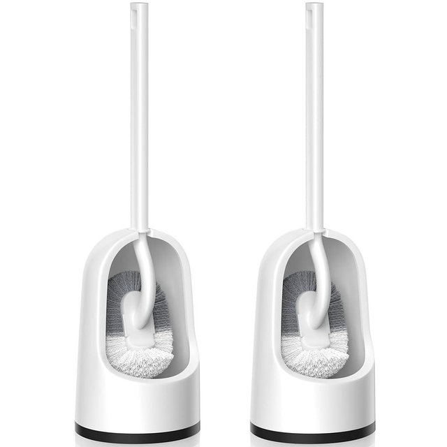 Toilet Brush, 2 Pack Toilet Brush and Holder Set with Durable Curved BristlesToilet Scrubber, Toilet Bowl Brush with Extra Long Handle,Toilet Cleaner with Caddy for Bathroom Deep Cleaning (2, White)