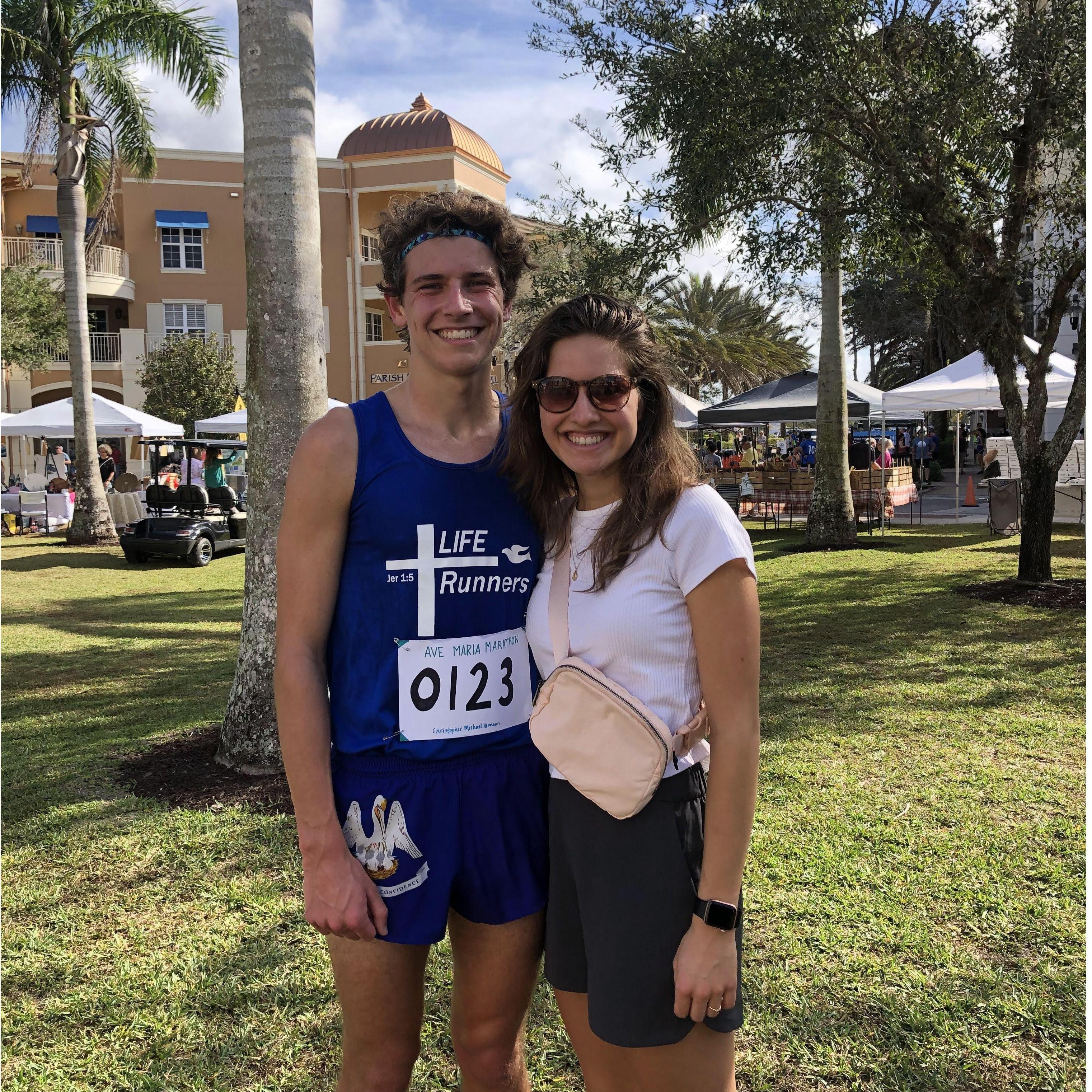 Ave Maria 5k 2023- Adrienne made Christopher a personalized race bib, using our anniversary date as the bib number. It worked well as Christopher came in 1st place!