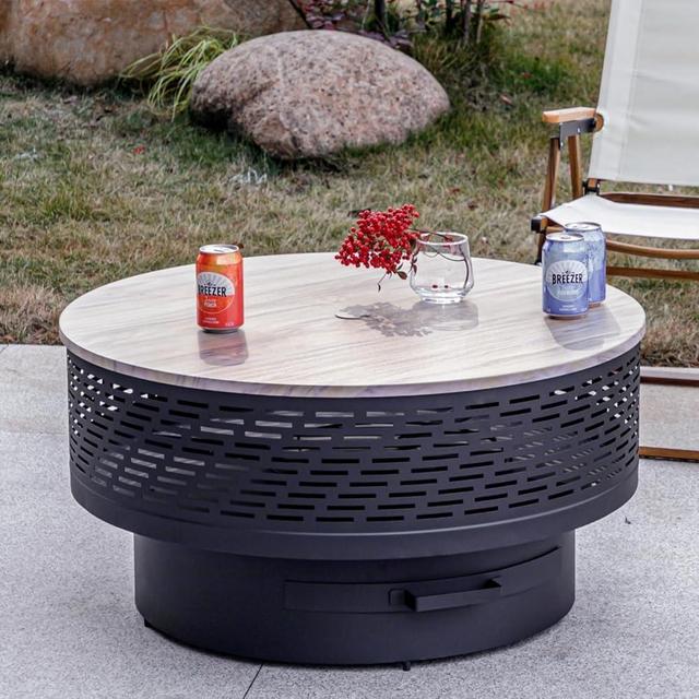 OutVue 32" Wood Burning Fire Pits with Grill & Lid, Fire Pit Table for Outside with Waterproof Cover & Fire Poker, Outdoor Firepit with Functions for BBQ,Table and Bonfire