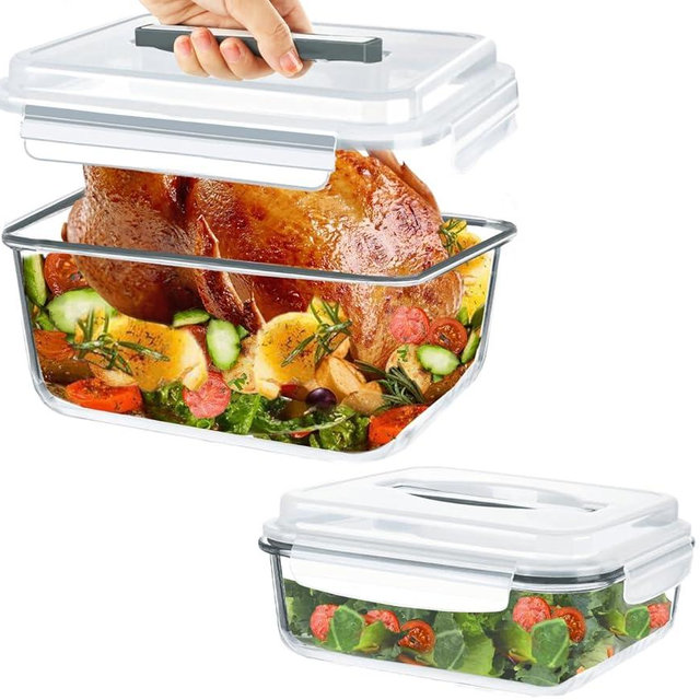 KOMUEE 2 Piece Extra Large Glass Food Storage Containers with Lids, 203oz & 74oz, Airtight Big Glass Containers,Leak-proof, BPA-Free Lids with Carry Handle, Freezer Safe