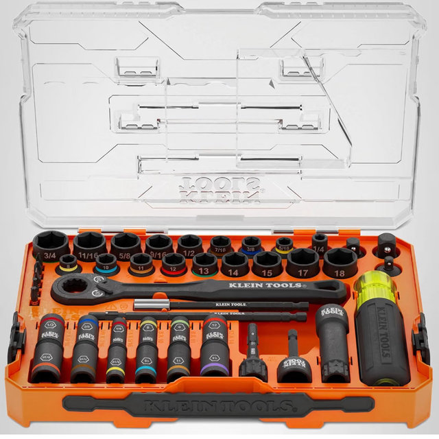 Klein Tools 65500KNECT KNECT Impact Socket Set, SAE and Metric Pass Through Socket Set, 90-Tooth Ratchet, MODbox Case, SAE, Metric, Screwdriver Handle, Bits, 39-Piece