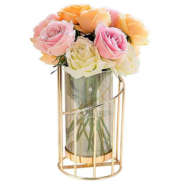 BYBOUS Glass Flower Vase with Metal Frame Modern Creative Geometric Gold Vase Decorative Vase Wedding Home Decoration or Office-Gold
