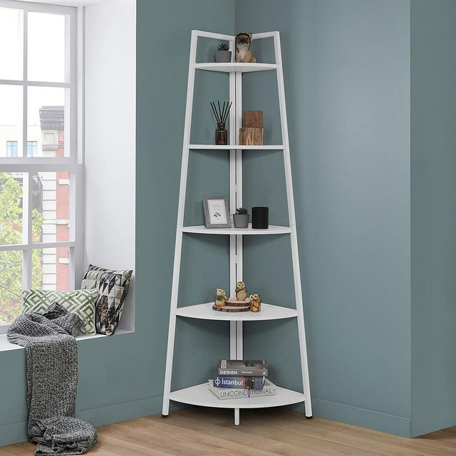 CAPHAUS Tall Corner Shelf Stand, 5-Tier Display Shelves, Ladder Corner Wood Storage Plant Bookshelf with Metal Frame, Versatile Shelving Unit Bookcase for Home Office Space, White