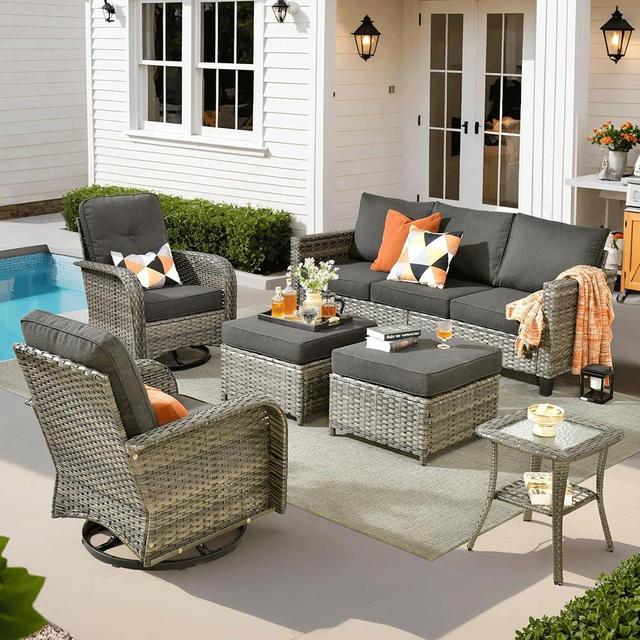 ovios 6 Pieces Patio Furniture Set, Outdoor Wicker Sofa Couch with Rocking Swivel Chairs Comfy Cushions, Modern Deep Seat Rattan Conversation Sets for Porch Deck, Black