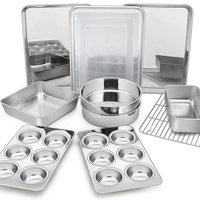 Bakeware Sets of 11, P&P CHEF Stainless Steel Baking Pans Set, Includes Baking Sheets and Rack, Lasagna Pan with Lid, Round/Square Cake Pan, Muffin Pans, Loaf Pan, Reusable & Durable