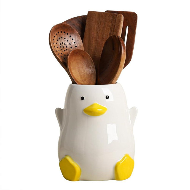 WAIT FLY Duck Shaped Porcelain Kitchen Utensil Holder Flatware Storage Organizer Utensil Crock for Countertop Kitchen Counter Decor