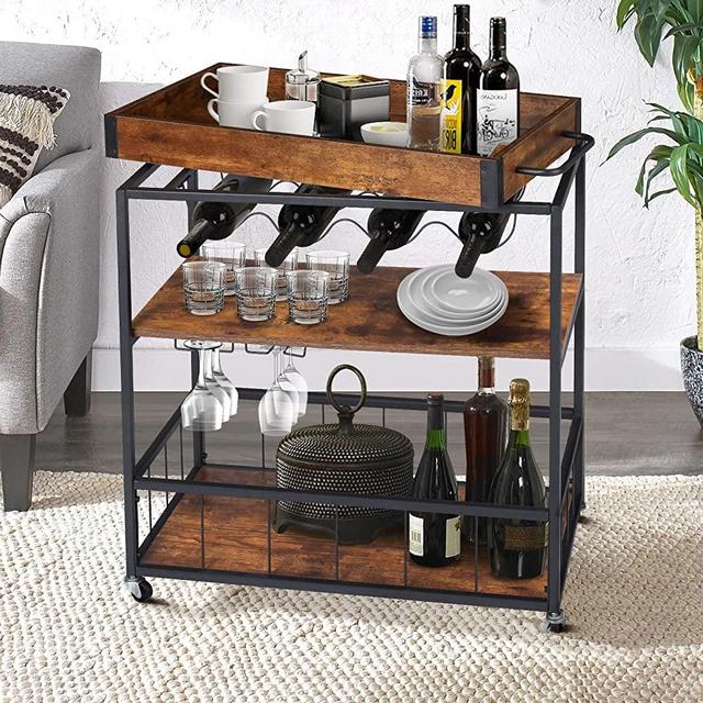 Bar Cart for Home, Serving Carts on Wheels, Wine Cart with 3-Tier Shelves, Kitchen Bar Car Industrial Metal Serving Cart with Removable Wood Top Box, Rustic Brown