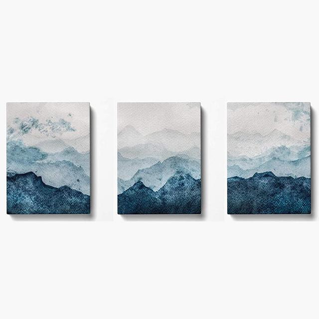 ONELZ Canvas Wall Art 3 Pieces (12x16 inches) Blue Green Misty Mountains Abstract Watercolor Landscape Forest Artwork Minimalist Wall Decorations for Modern Bedroom Office Home Decoration