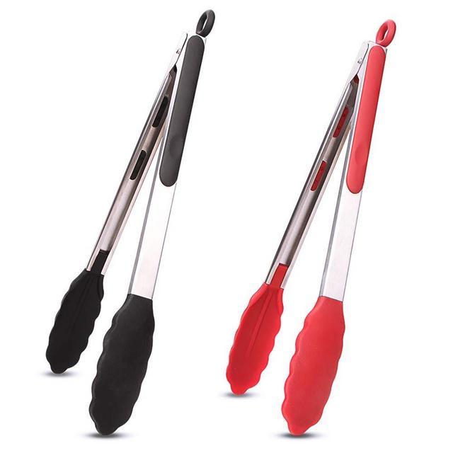 Webake Kitchen Tongs Set of 2 Silicone Tongs in Pinch Test Grade, 12 Inch Salad Tongs Cooking Tongs with Silicone Tips IP Accessories, Metal Tongs for Cooking, Grilling, BBQ and Serving - Black & Red