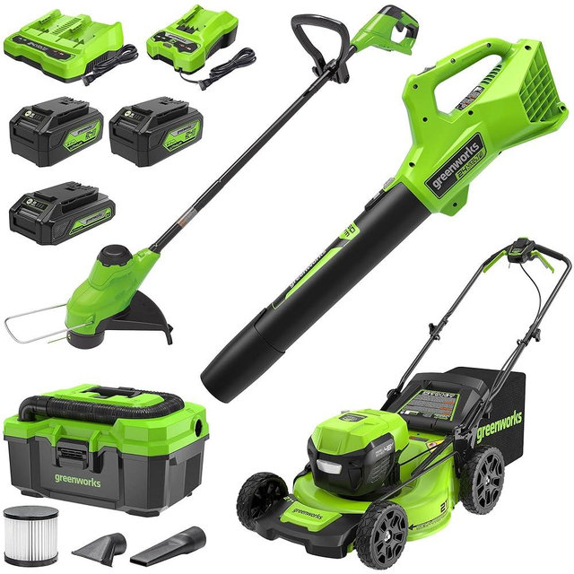 Greenworks 48V (2x24V) Lawn Mower Combo - 21" self propelled Lawn Mower, 12" String Trimmer, 320 CFM Blower, Wet/Dry Shop Vacuum – Ideal for Home Yard Work & Indoor Cleaning