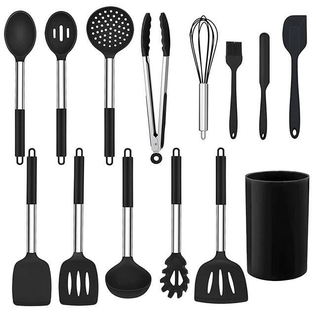 TeamFar Cooking Utensils, 14 PCS Silicone Kitchen Utensil Set with Stainless Steel Handle, Spatula/Spoon/Holder/Whisk, Non-Toxic & Non-Stick, Durable & Heat-Resistant, Dishwasher Safe, Black