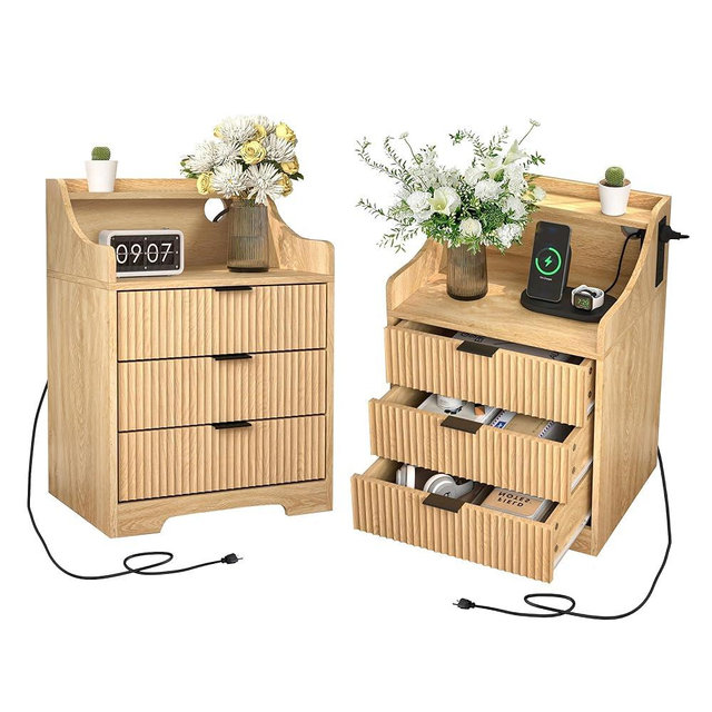 Modern Bedroom Set of 2, Wood 3 Drawer Fluted Nightstand with Charging Station, Mid-Century Bedside Table 20 inch Wide Small Night Stand Sets