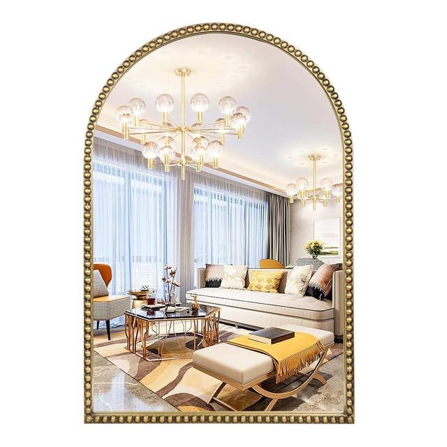 Fobule Arched Wall Mirror for Bathroom, 20"x30" Metal Beaded Frame Decorative Accent Mirror, Large Modern Distressed Hanging Wall Decor for Washroom, Bedroom, Living Room, Entryway, Antique Gold