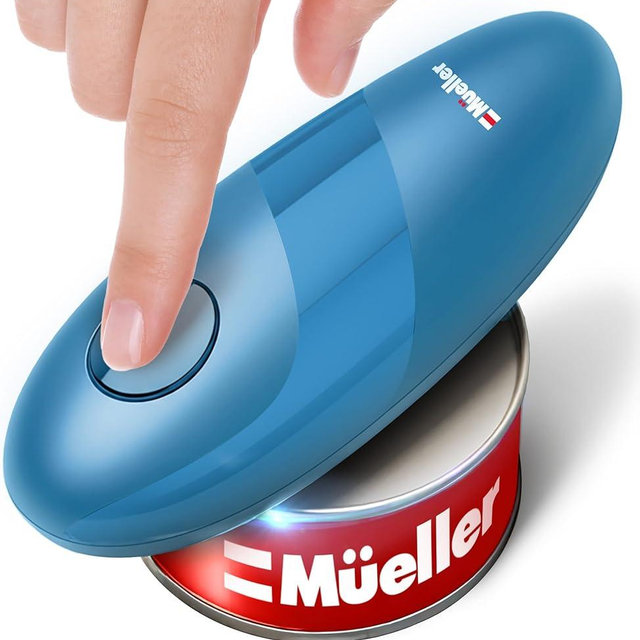 MUELLER HOME SmoothEdge Auto Electric Can Opener – Battery‑Operated One‑Touch w Magnet Lid Lifter, Smooth‑Edge Cut Technology – Portable Hands‑Free Automatic Can Opener for Seniors & Arthritis, Blue