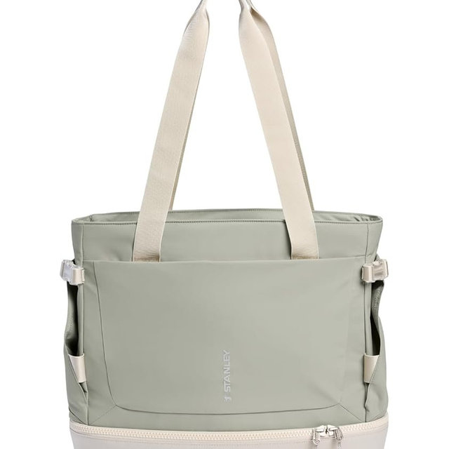STANLEY Vitalize Tote| Gym, Work & Travel Bag with Laptop Sleeve | Expandable Bottom Compartment | Tumbler & Water Bottle Pockets | Durable Recycled Fabric | Sage Grey
