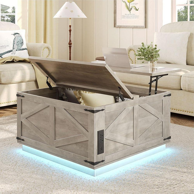 Jocoevol Rustic Grey Farmhouse Lift-Top Coffee Table: Square Wood Center Table with Hidden Storage Compartment, Floating LED Lights & USB-C Charging Station - Living Room Furniture