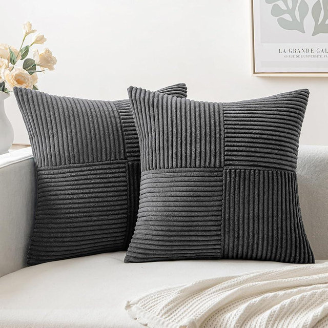 MIULEE Grey Corduroy Pillow Covers Pack of 2 Boho Decorative Spliced Throw Pillow Covers Soft Solid Couch Pillowcases Cross Patchwork Textured Cushion Covers for Living Room Bed Sofa 18x18 inch