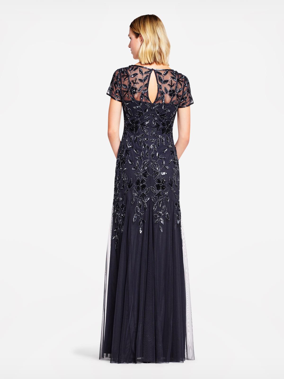 floral beaded godet gown with sheer short sleeves
