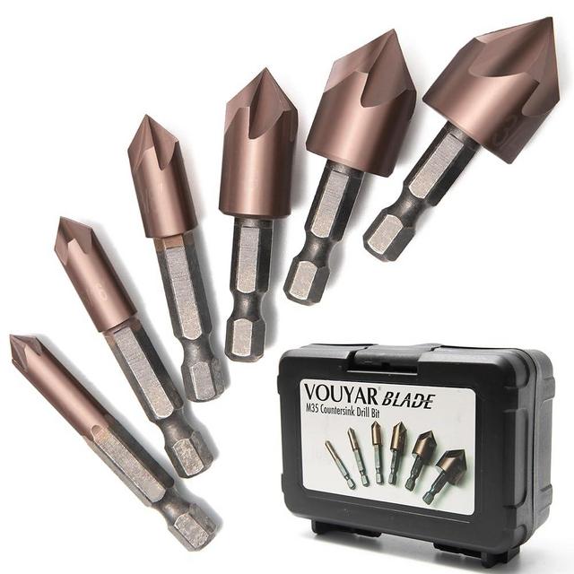 Vouyar 6 Pcs M35 Cobalt Countersink Drill Bit Set for Metal with Case 82 Degree 1/4'' Hex Shank HSS 5 Flute Center Punch Tool Sets for Wood, Quick Change Bit 1/4” 5/16" 3/8” 1/2” 5/8” 3/4”