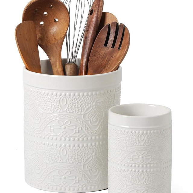 FUN ELEMENTS Kitchen Utensil Holder, 7.2+5.5" Super Large Utensil Crock Heavy and Stable Lace Emboss Ceramic Utensil Holder for Kitchen Counter(2Pcs Bright White)