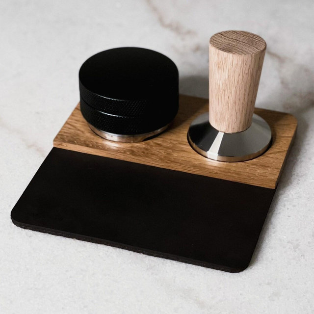 Leather Espresso Tamping Pad and Solid Wood Tool Organizer
