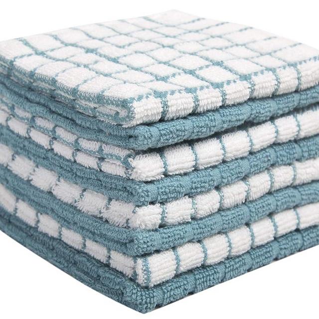 Bumble Premium Cotton Dish Cloths (12" x 12") Aqua Check Design | Highly Absorbent with Hanging Loop | Natural Ring Spun Cotton | Kitchen Dish Towel Set | 380 GSM - 8 Pack