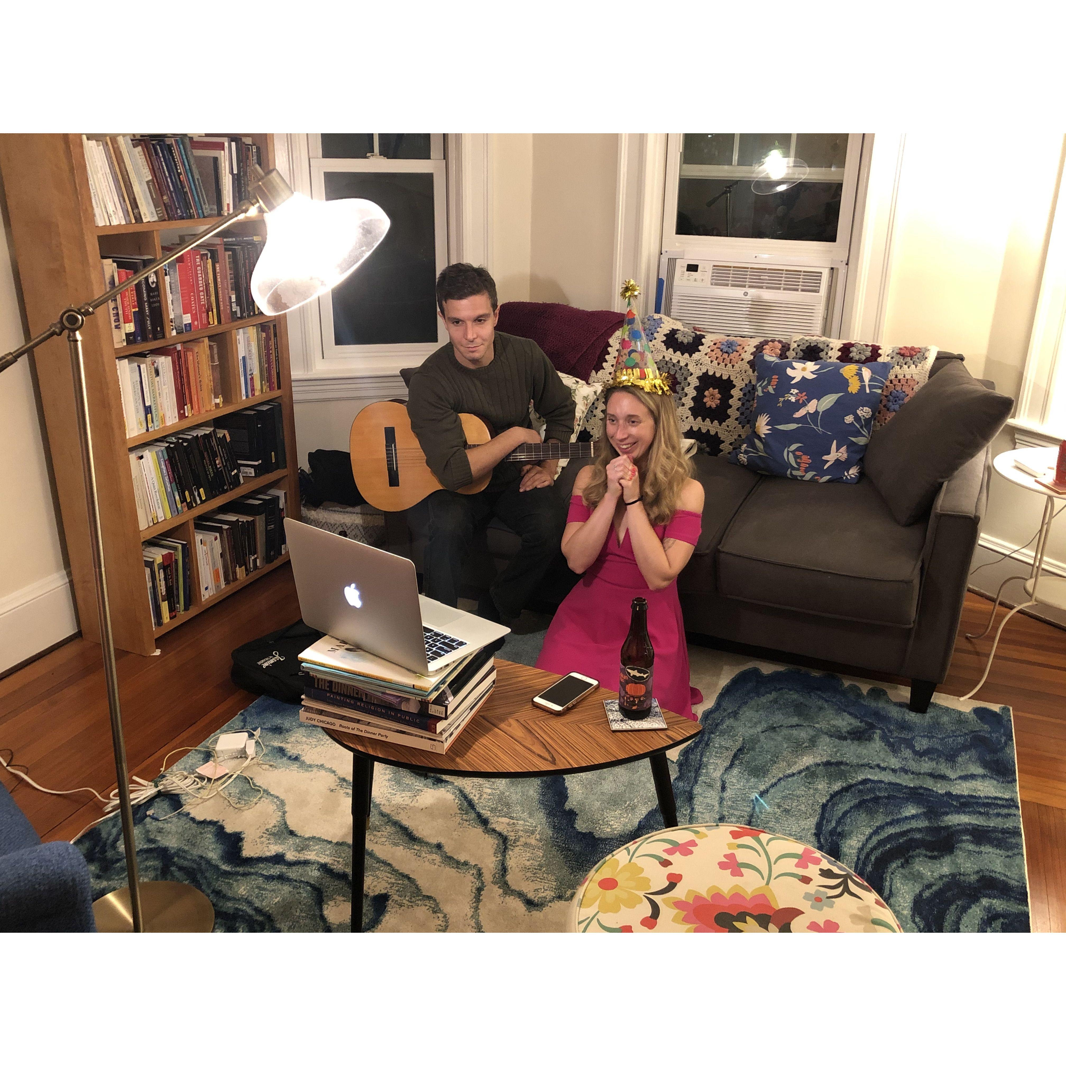 Meeting friends online for a Zoom Birthday Party/Talent show featuring original songs we wrote for one another "Solving Crimes, Solving Mysteries" and "Codzilla."