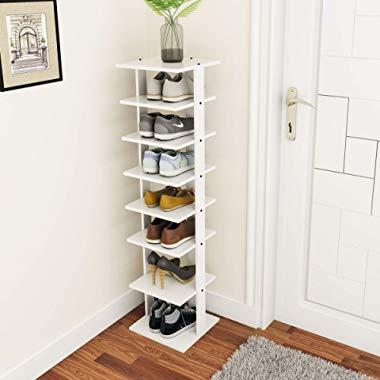 Tangkula Wooden Shoes Racks, Entryway Shoes Storage Stand, Modern 7 Tiers Shoe Rack Organizer, Multi-Function Shoe Rack Shoe Box, Storage Shelf (White, Single)