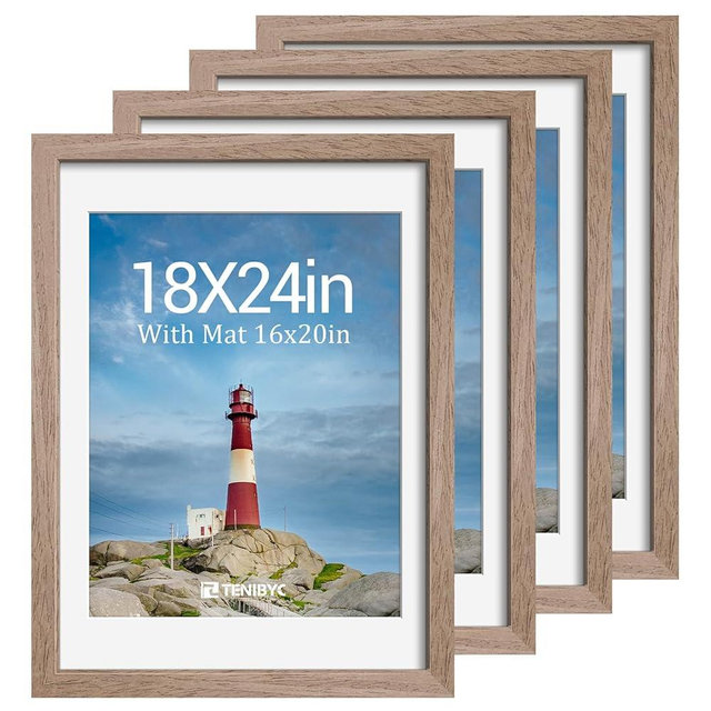 TENIBYC 18x24 Picture Frame Set - 4 Pack, Walnut Solid Wood Photo Frames - Displays Photos 16x20 with Mat or 18 x 24 without - Room, Office, Gallery, Studio, and Hallway Decor - Wall Hanging