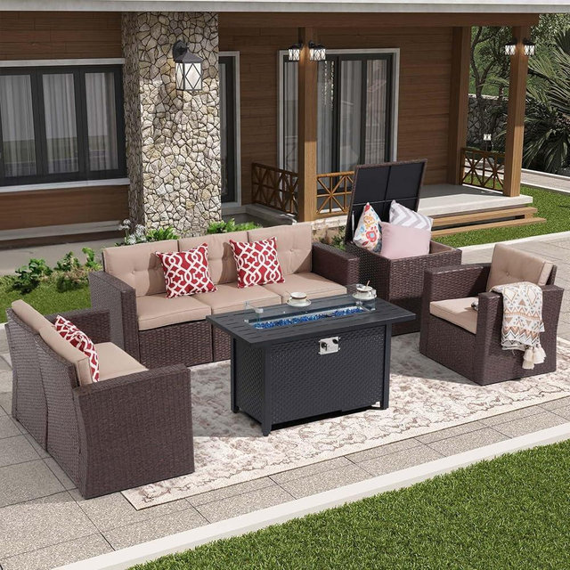 Super Patio 8 Pieces Outdoor Patio Furniture Set with 45” Fire Pit Table, Rattan Patio Conversation Sets with 50000 BTU Gas Fire Pit, Wicker Sectional Sofa Set with Storage Box, Brown(Without Table)