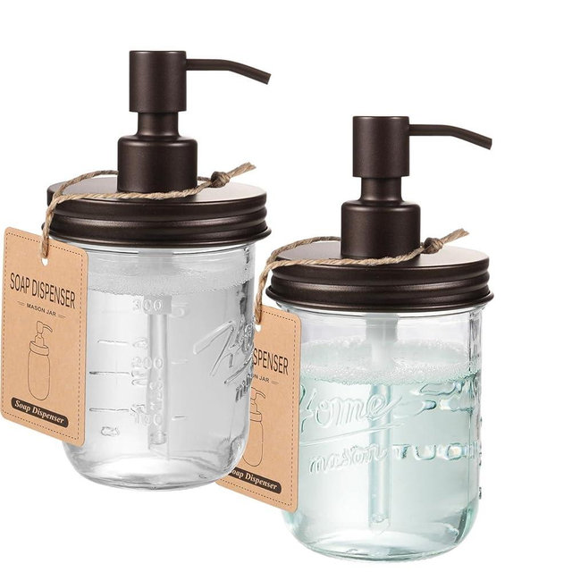 SheeChung Mason Jar Soap Dispenser, Dish Soap Dispenser Kitchen, Stainless Steel Pump Lid, Glass Hand Soap Dispensers for Bathroom Countertop, Liquid, Lotion, Refillable, Farmhouse Decor (2, Bronze)