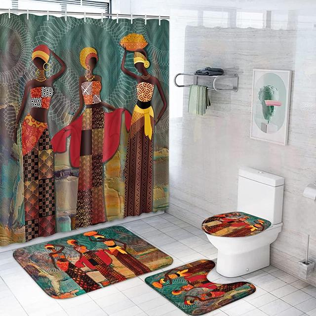 Ikfashoni 4 Pcs Black Girl Shower Curtain Set with Non-Slip Rugs, Toilet Lid Cover and Bath Mat, African Egyptian Women Shower Curtain with 12 Hooks, Fabric African Lady Shower Curtains for Bathroom